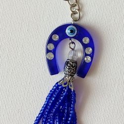 Blue Evil Eye Protection from Nazar Good Luck Charm Keychain Key Ring round shape in blue and silver Small gifts ideas