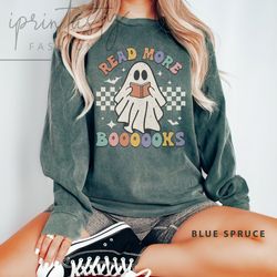 vintage read more books sweatee, retro fall sweatshirt, halloween gift for teacher, ghost books , iprintasty halloween c