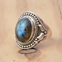 Blue Labradorite Ring for Women Sterling Silver Ring, Stone Chunky Boho Ring, Big Natural Gemstone Ring, Statement Ring