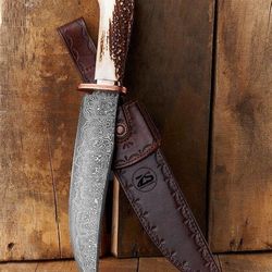 beautiful custom handmade damascus steel bowie hunting knife stag horn handle knife d-16