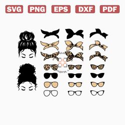 messy bun accessories svg, messy bun headbands bandana sunglasses glasses, messy bun bundle svg, messy hair svg png, mom