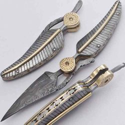 Handmade Damascus Leaf folding Pocket Knife, Personalized Knives, Anniversary Gifts, Groomsmen Gift, Mother's Day Gift,