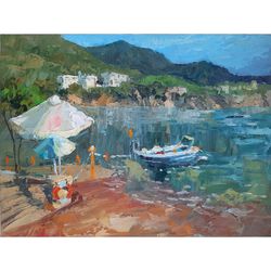 Small boat at Harbour Painting 7,1 x 9,4" ORIGINAL ART Impressionist oil Artwork Signed by artist Marina Chuchko