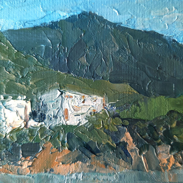 Distant houses on the green coast. Fragment of a close-up original Painting.