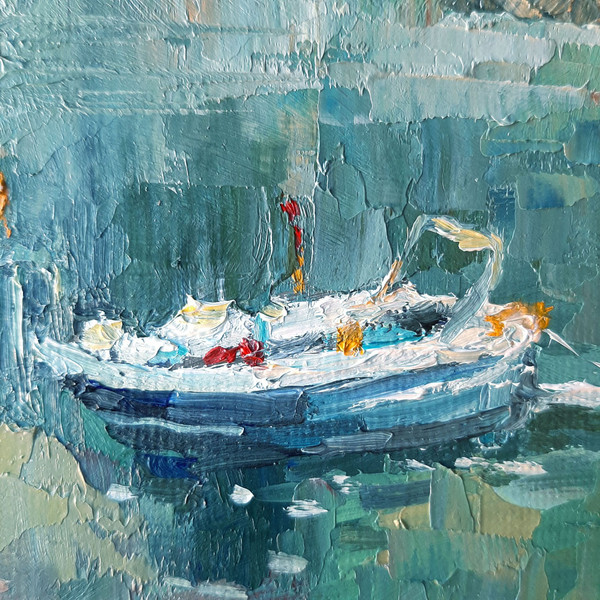 Small boat in bay. Fragment of a close-up Original Seascape