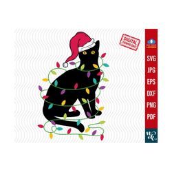christmas cat svg, meowy christmas svg, black cat merry christmas, cat with christmas light and santa hat svg, png, cut files for cricut