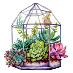 Succulent Garden Watercolor PNG | Cactus Clip art Cacti Botanical Terrarium Steel Frame Glass Case Painting Nature