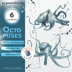 Watercolor Octopus Clipart, Underwater Creatures Hand-painted Illustrations