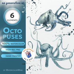 watercolor octopus clipart, underwater creatures hand-painted illustrations