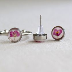 Pressed flowers set jewelry ring and earrings Stainless steel adjustable ring