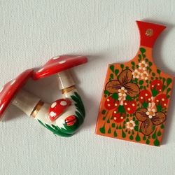 Set of 2 refrigerator wooden magnets hand-painted Russian Folk Art Russian souvenir eco-friendly kitchen home decor