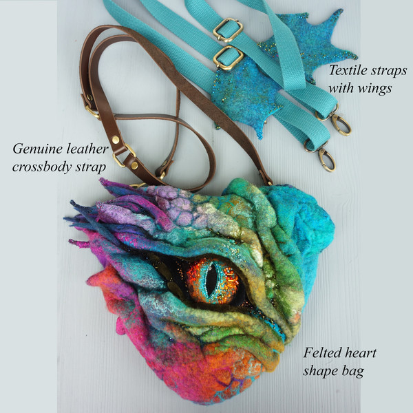 Unique dragon heart eye crossbody bag backpack 2 in 1 set art felting designer bag 2.jpg