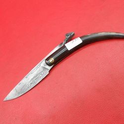 buffalo horn handle handmade damascus steel blade pocket folding knife