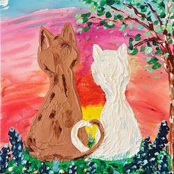 Romantic Cats Painting Bluebonnet Original Art 12" Loving Couple Artwork Impasto