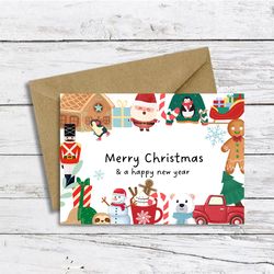 Watercolor Merry Christmas Greeting Card. Happy New Year Card. DiGITAL DOWNLOAD.