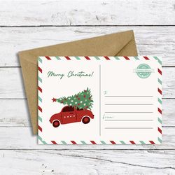 merry christmas greeting card. happy new year card with car. digital download.