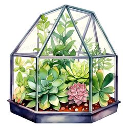 Lush Succulent Garden Watercolor Art in Steel Frame and Glass Case PNG | Cactus Clip art Cacti Botanical Terrarium