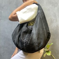 Big Soft Hobo Classy Sport Woman gray Bag | Purse Genuine Python Skin |  Big Elegant Leather Designer Soft Bag