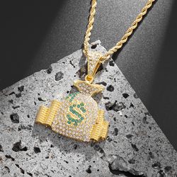 Exquisite Zircon Rhinestone Money Bag Pendant Necklace for Men and Women Hip Hop Rock Party Jewelry Gifts Wholesale