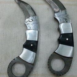 Customized Handmade Damascus Mini Karambit knife pair with leather sheath