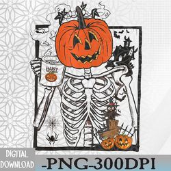 halloween pumpkin skeleton drinking coffee png, digital download