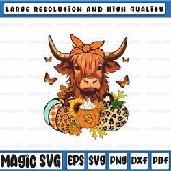 highland cow fall and leaves pumpkins autumn thanksgiving png, cute highland cow pumpkins leopard png, thanksgiving png,