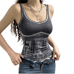 Print Strap Top Women Casual Street Style Sleeveless Tank Top Korean Fashion Hippie Vest 2000s Grunge Tees