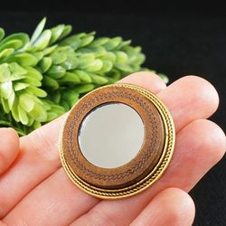 Round Glass Mirror Brooch Pin Evil Eye Brooch Golden Brown Wooden Brooch Protection Amulet Brooch Pin Jewelry Gift 7946