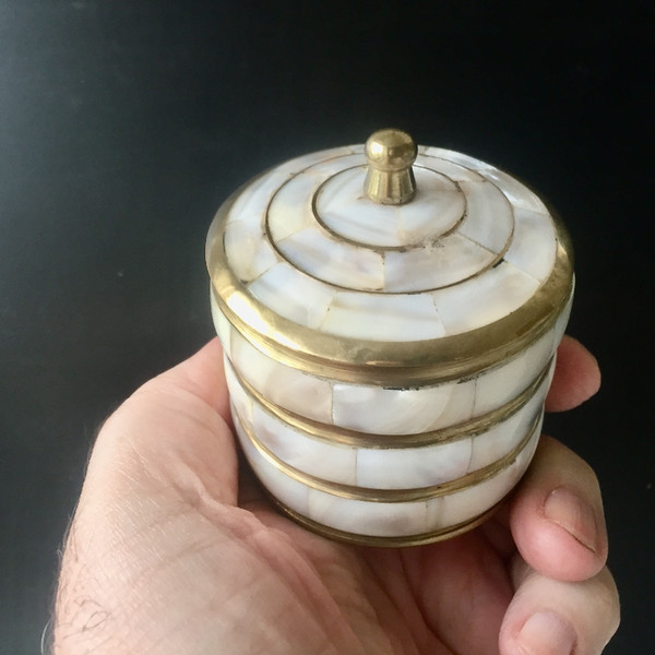 Round Brass Jewelry Box with mother-of-pearl inlay