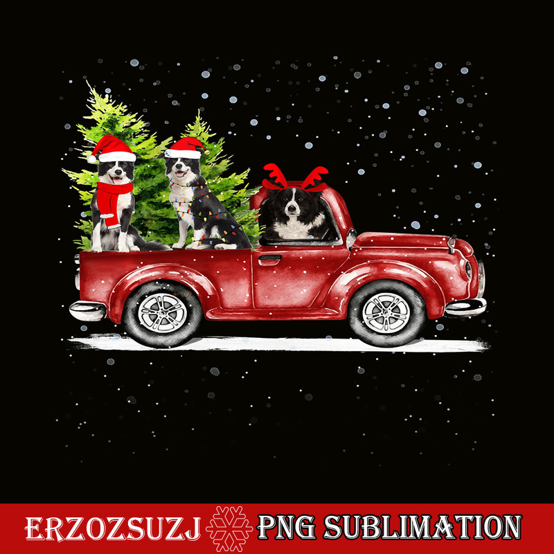 CRS17102338-Christmas Three Border Collie Ride PNG, Red Truck Xmas PNG, Santa Hat PNG.png