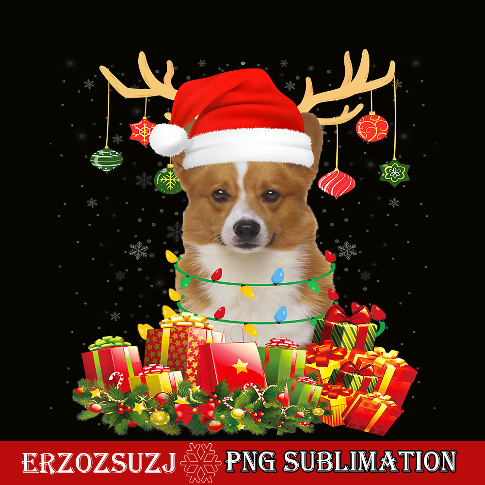 CRS17102355-Corgi Dog Reindeer Santa Hat PNG, Christmas Light Xmas PNG, Christmas Vibes PNG.png
