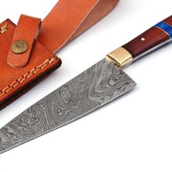 custom handmade damascus steel chef knife pakka wood handle with leather sheath.