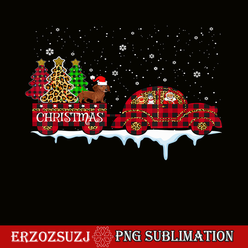 CRS17102396-Dachshund Dog Christmas PNG, Red Plaid Truck Santa PNG, Xmas Tree PNG.png