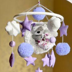 Baby girl mobile crib with bear, Nursery mobile felt, Baby shower gift