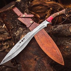 custom handmade damascus steel hunting bowie knife, wood handle