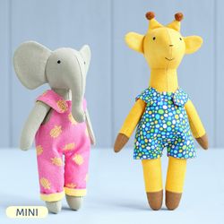 2 PDF Mini Elephant Doll and Mini Giraffe Doll Sewing Patterns Bundle