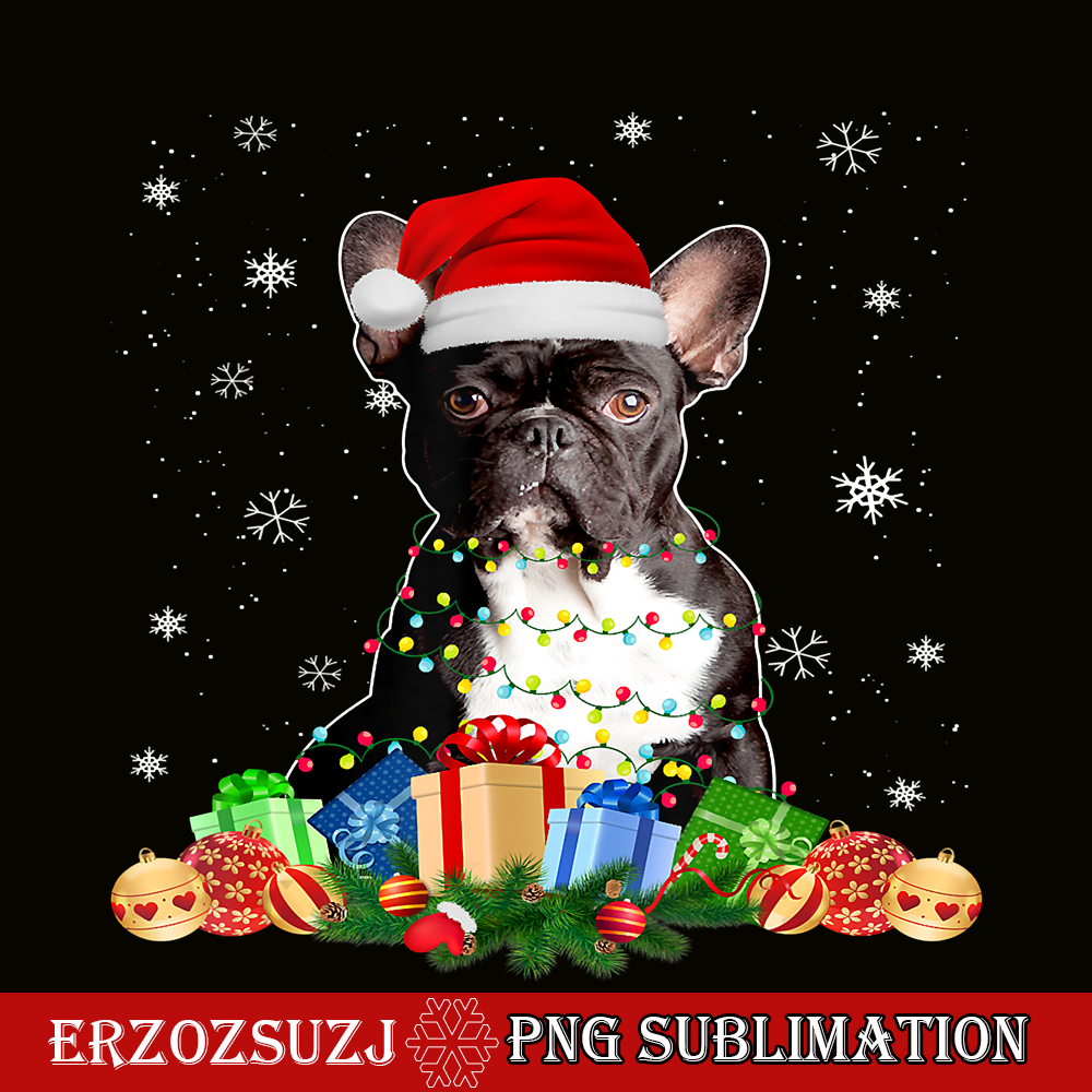 CRS20102318-French Bulldog Santa Hat PNG, Christmas Lights PNG, Santa Xmas Gift Dog PNG.png