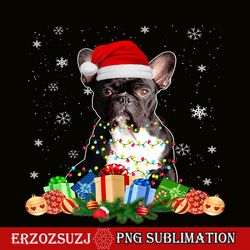 french bulldog santa hat png, christmas lights png, santa xmas gift dog png