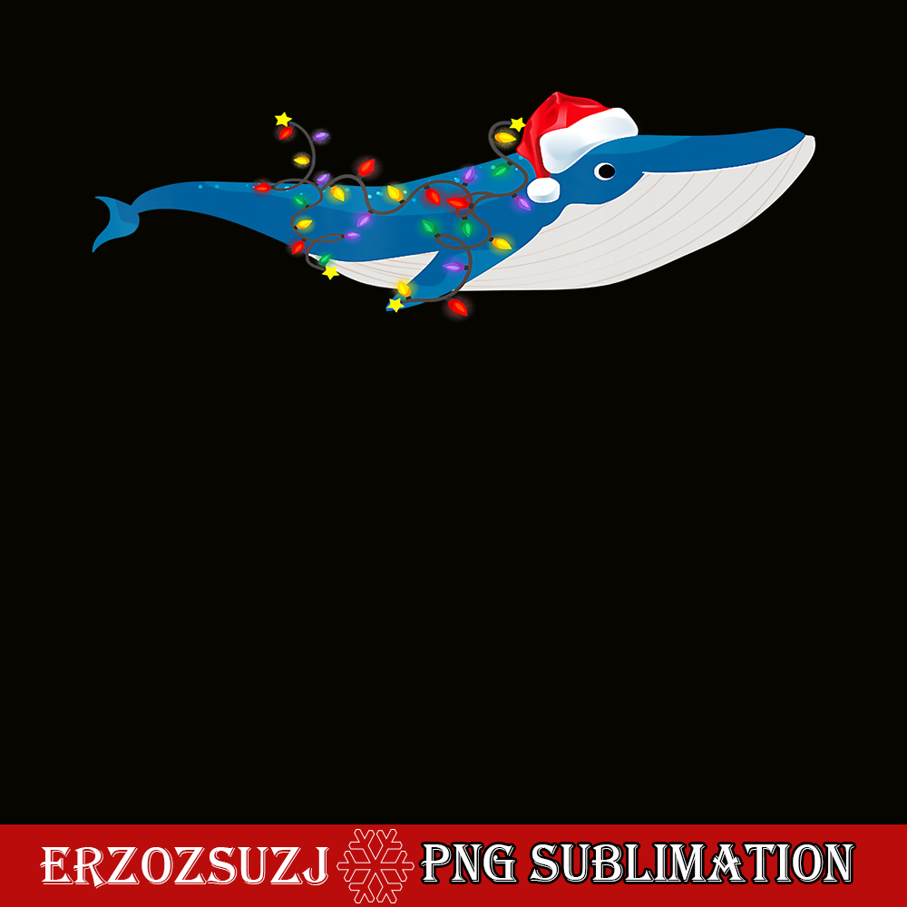 CRS20102360-Funny Christmas Whale PNG, Christmas Lights Whale Santa Hat PNG, Xmas Gift PNG.png