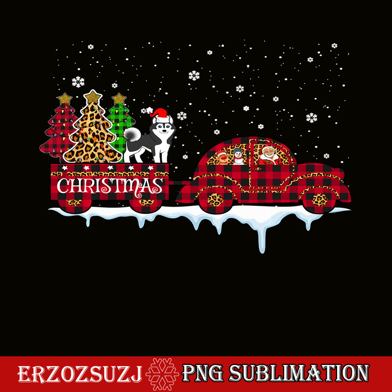 CRS20102396-Husky Dog Christmas PNG, Red Plaid Leopard Truck PNG, Santa Xmas Tree PNG.png