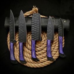 bbq, bbq set, best custom handmade damascus chef set, kitchen use set, best birthday and anniversary gift, 5 pieces chef