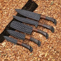 bbq, bbq set, best custom handmade damascus chef set, kitchen use set, best birthday and anniversary gift, 5 pieces chef