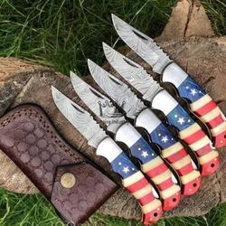 Set Of 5 Handmade Damascus Steel Folding Knives, Pocket Knives With Leather Sheath, Gift For Him