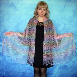 Hand knit bright rainbow scarf, Warm Russian shawl, Orenburg wool wrap, Goat down stole, Bridal cover up, Kerchief, Cape