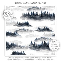 Watercolor Forest Seamless Pattern for Graphic Design, Digital Download, Scrapbooking and Crafting Projects. Sublimation