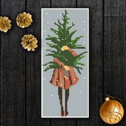 Girl with a Christmass Tree Cross Stitch Pattern, PDF Cross Stitch Pattern