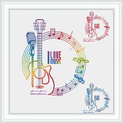 Cross stitch pattern music microphone guitar notes stave treble clef rainbow monochrome musical recording studio PDF