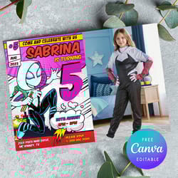 spider gwen birthday invitation, any age birthday spider gwen invitation comic style canva editable