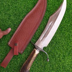custom handmade antler bowie knife, stag bowie, damascus twist pattern & 12c27 steel, gift knife, gift for das, personal
