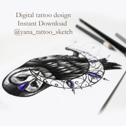 Owl Tattoo Designs Owl Tattoo Sketch Owl And Moon Tattoo Ideas, Instant download JPG, PNG